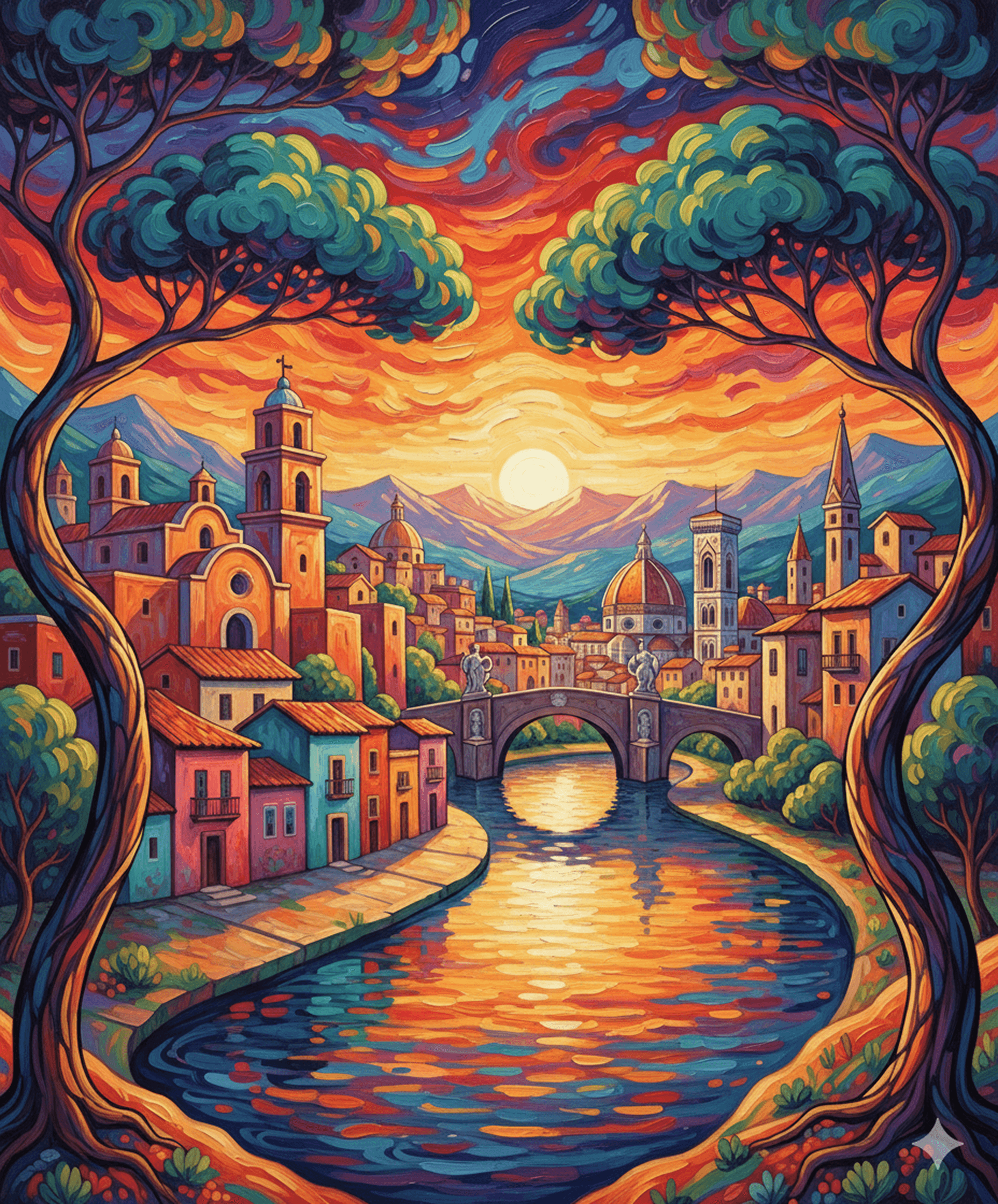 Colorful illustration of an Italian riverside town at sunset